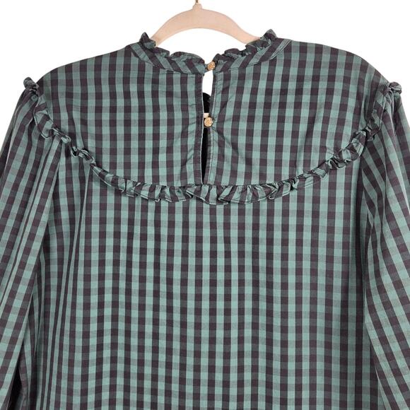 Draper James RSVP Gingham Ruffle Neck Blouse Women’s XL Green Black Check - Picture 7 of 11